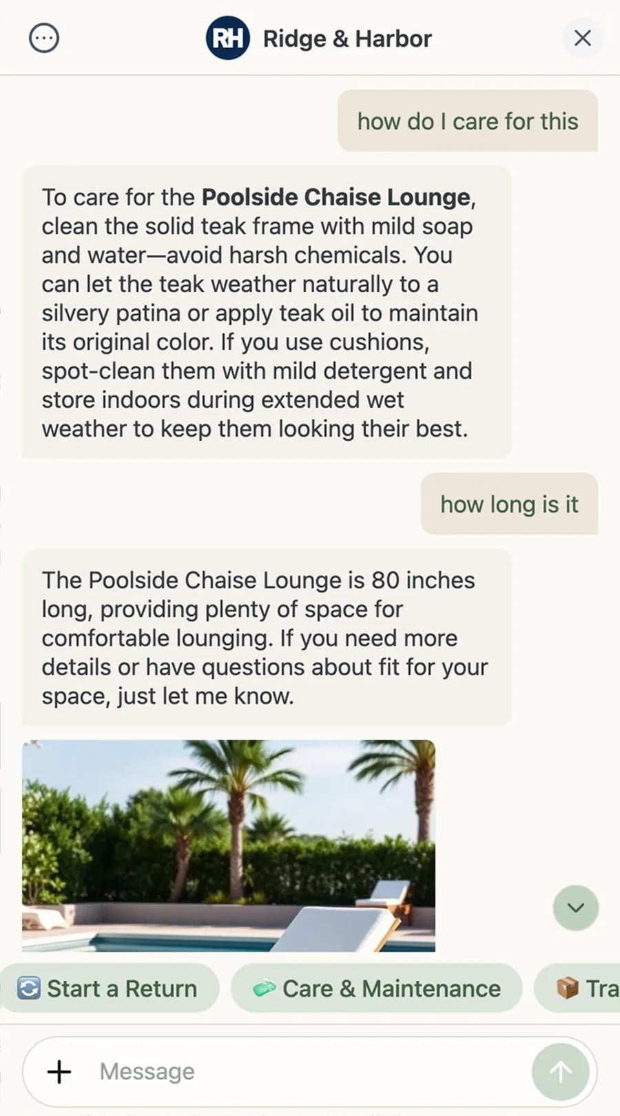 Ridge & Harbor Interactor chat answering product questions on mobile