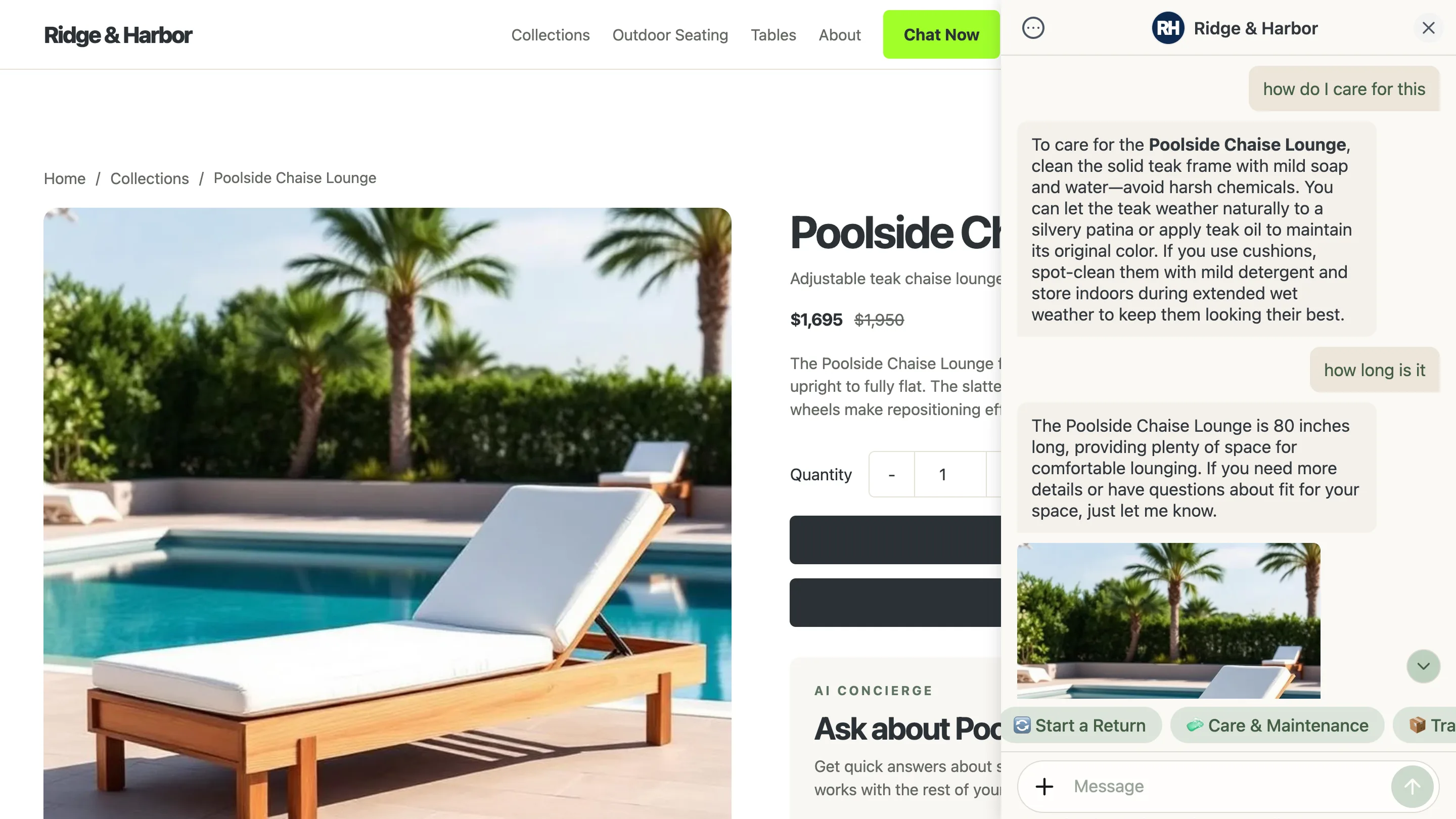 Ridge & Harbor Shopify product page with Interactor answering a shopper question