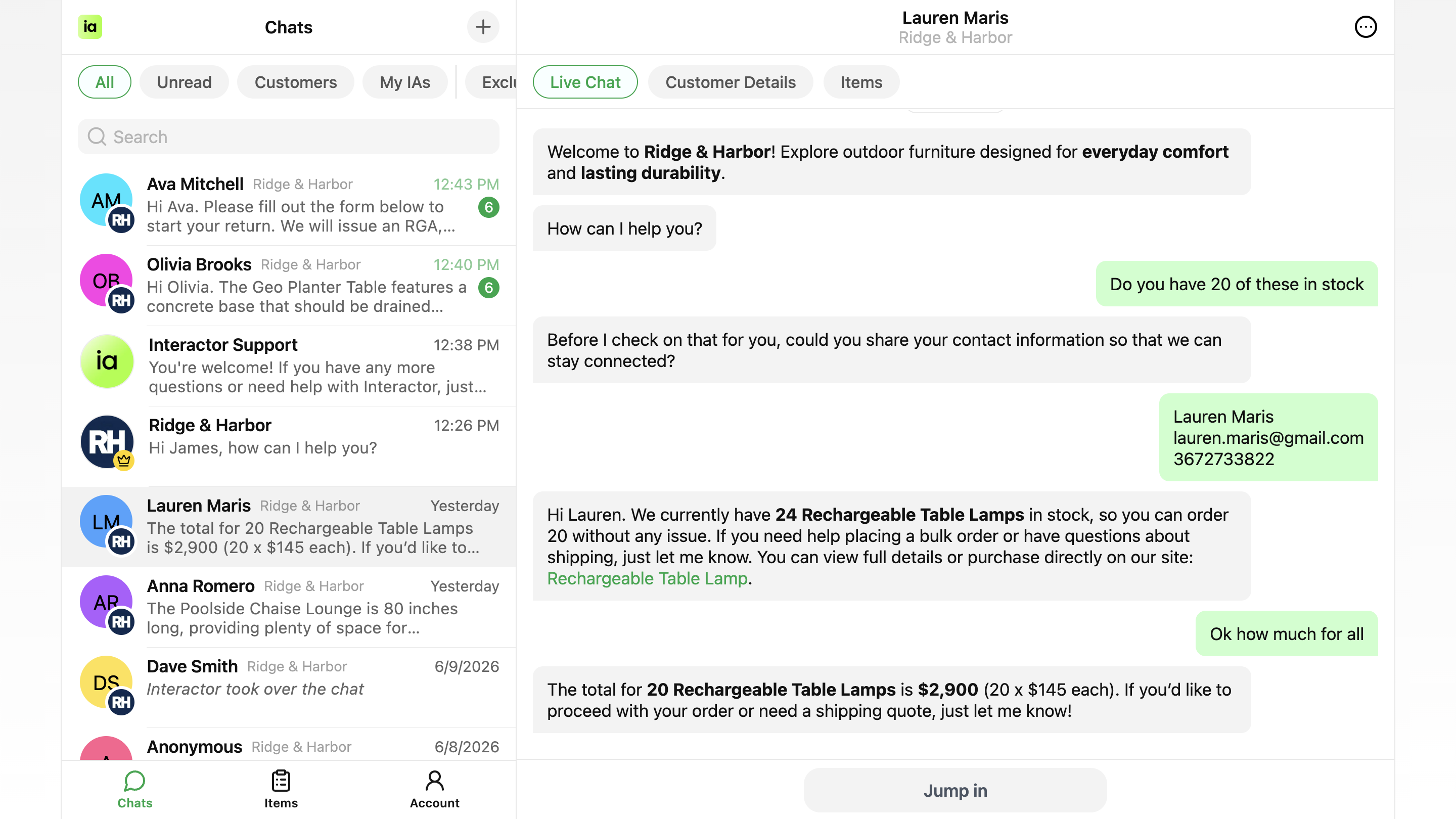 Interactor Owner Mode live chat view