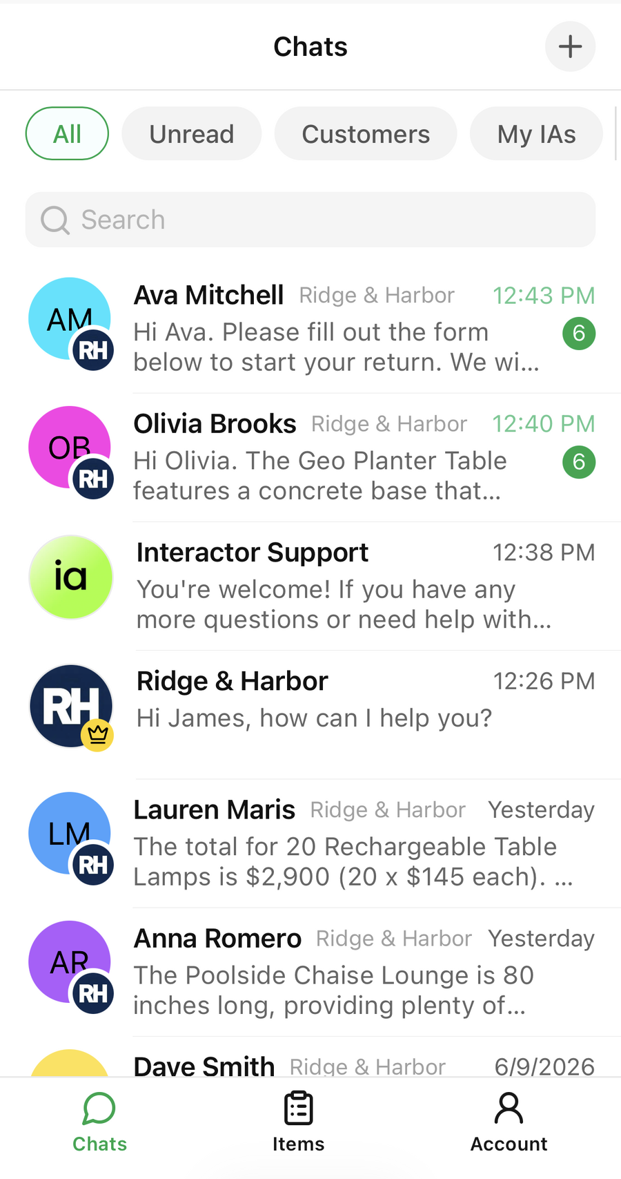 Interactor Owner Mode chats list on mobile