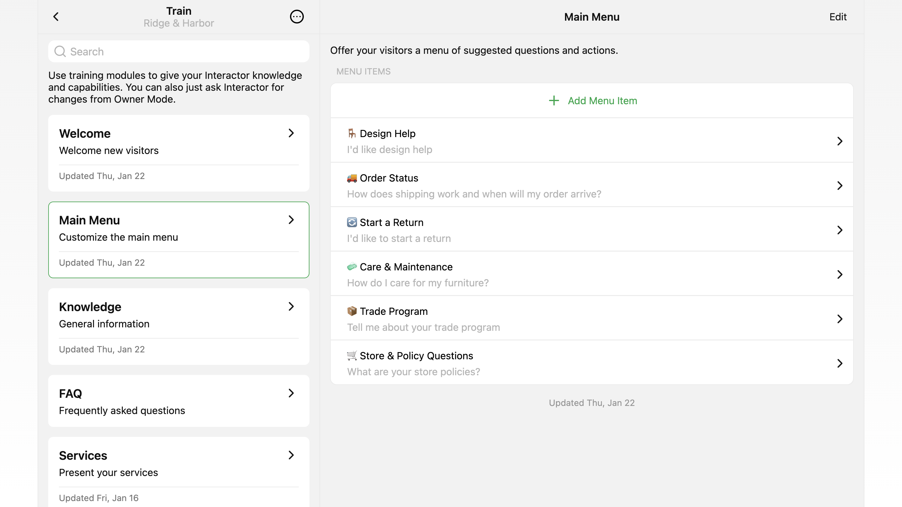 Interactor Owner Mode training menu editor
